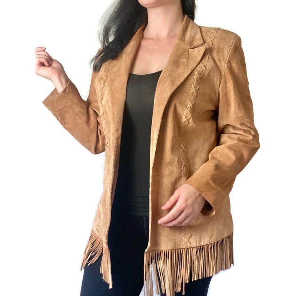 Vintage Suede Fringe Boho Open Front Jacket Size Medium